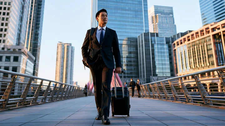 A businessman is walking through a city business district, carrying a suitcase.