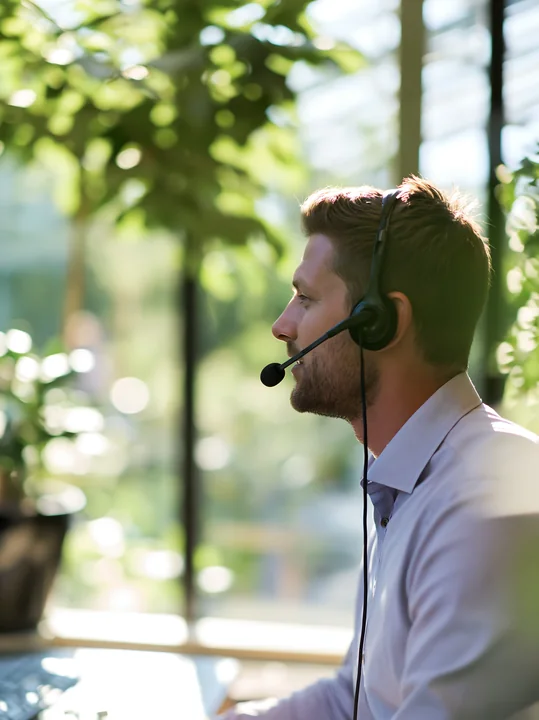 A businessman talks on a headset in a bright office filled with plants.