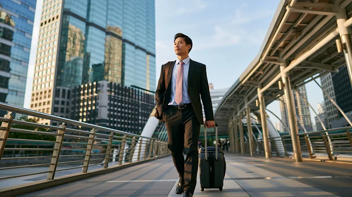 A businessman walks through a city business district, pulling a suitcase.