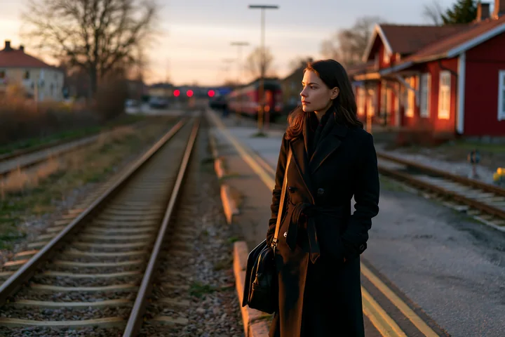 A businesswoman stands at a train station during sunset, waiting for her train while holding a laptop bag.