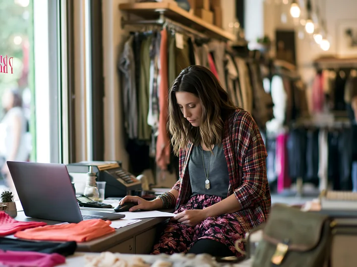 A businesswoman works on a laptop while managing a boutique.