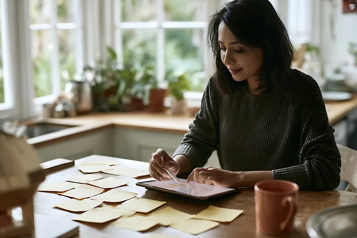 A businesswoman works on a project timeline using sticky notes on a table in a bright kitchen.