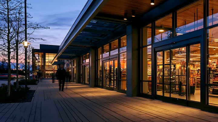 A busy retail store shows its bright interior as people walk by in the evening.