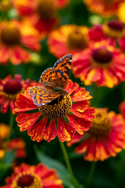 A butterfly lands on helenium flowers in a bright garden border filled with colorful blooms.