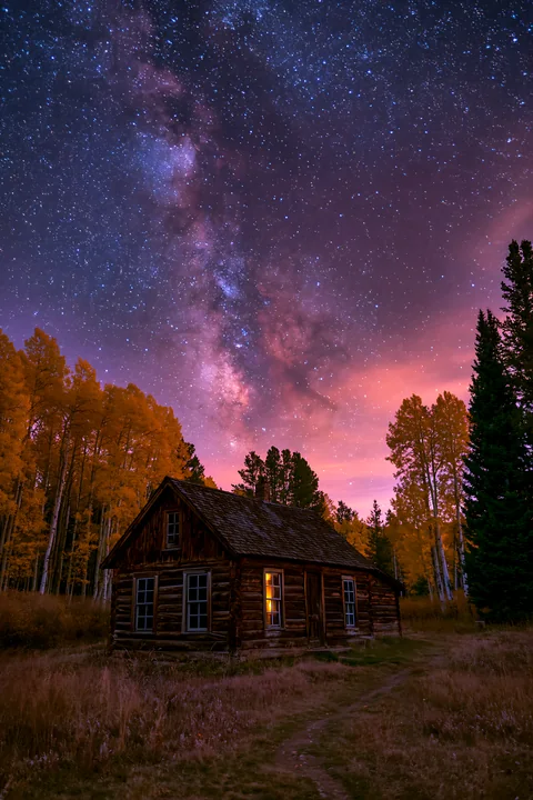 A cabin in a valley under stars sits among trees with a clear night sky filled with stars.