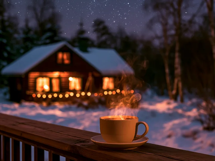 A cabin is surrounded by snow and twinkling stars, while a steaming cup rests on a wooden deck.
