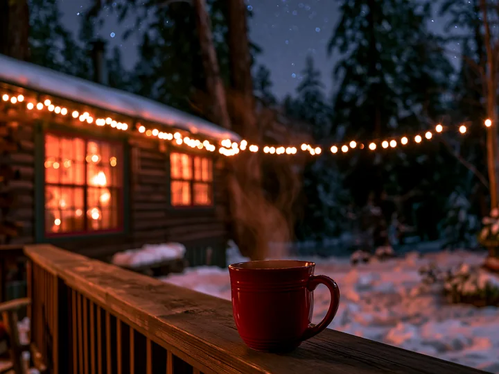 A cabin is surrounded by snow, with lights glowing from its windows.