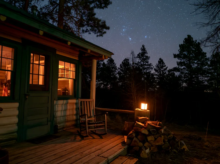 A cabin sits at the edge of a pine forest with a clear view of a starry night sky.