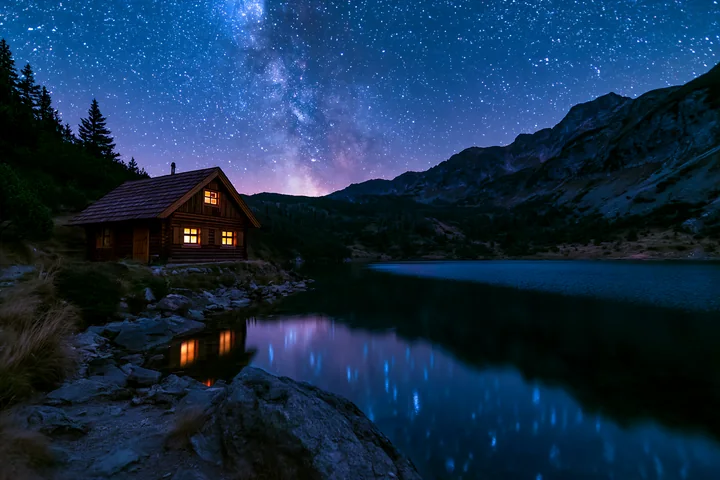 A cabin sits quietly by a lake under a starry night sky with the Milky Way visible.