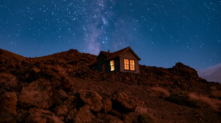 A cabin stands alone on rocky terrain with bright windows, surrounded by a dark night sky filled with stars and the Milky Way.