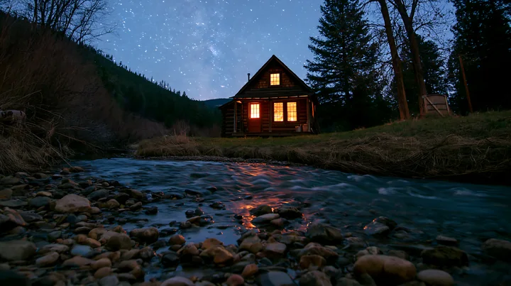 A cabin stands beside a clear stream, illuminated by stars in the night sky.