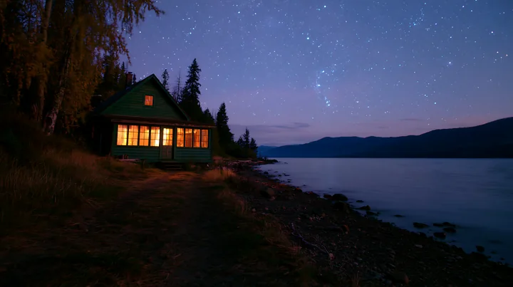 A cabin stands illuminated by warm light under a starry sky at night near a calm lake.