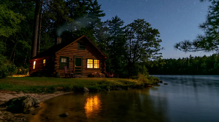 A cabin with smoke rising under stars sits by a lake surrounded by trees.