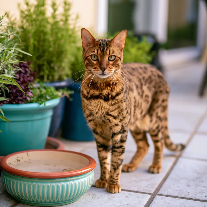 A California Spangled cat stands on tiled ground next to a shallow dish and potted plants.