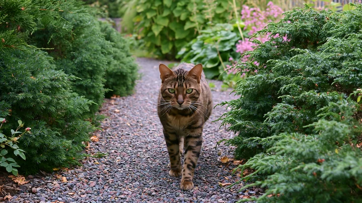 A California Spangled cat walks down a stone path between green shrubs and colorful flowers.