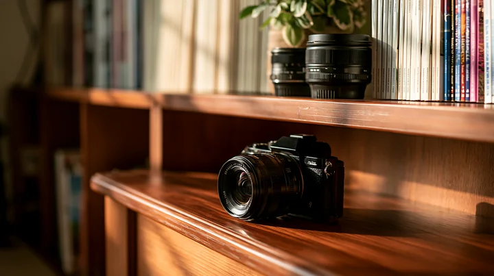 A camera and lens on a wooden shelf near a collection of books.