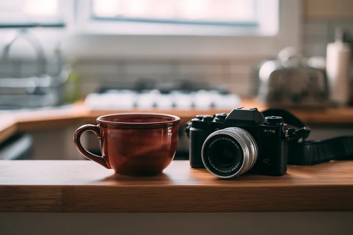 A camera and lens on a wooden shelf sit next to a brown coffee cup in a kitchen setting.