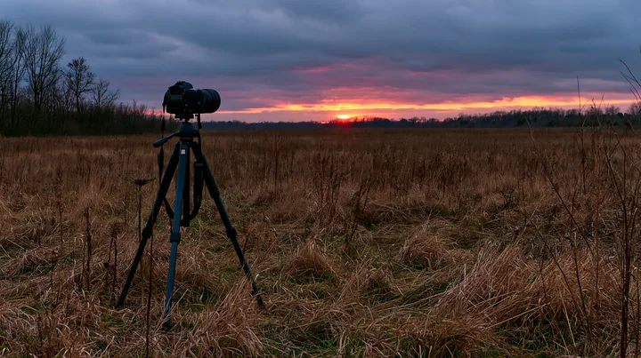A camera is set up on a tripod in a meadow during sunset.
