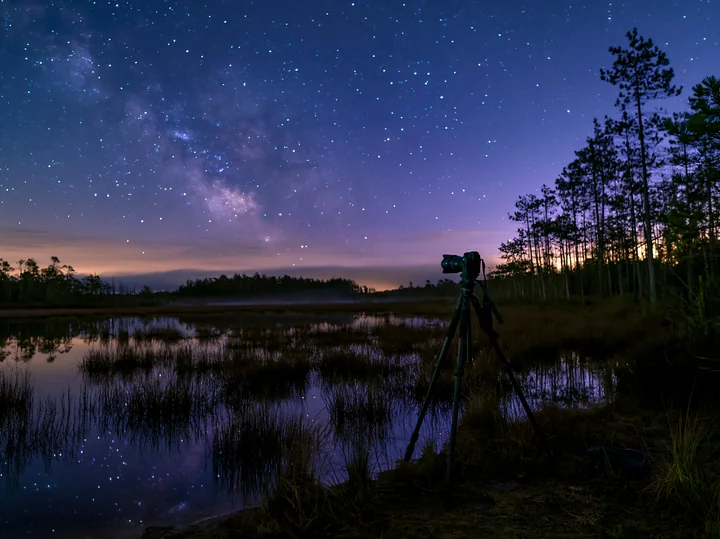 A camera tripod stands by a calm lake reflecting stars and the Milky Way.