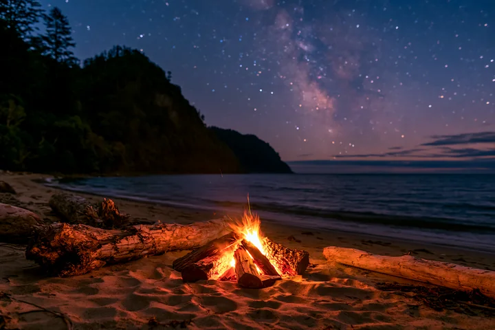 A campfire glows on the sand of a secluded beach while stars fill the night sky over a calm ocean.