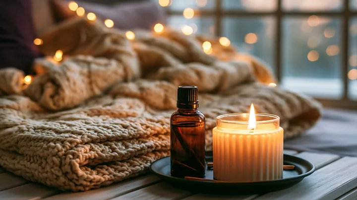 A candle and essential oil bottle without branding are placed on a round tray beside a soft blanket in a warm setting with string lights in the background.
