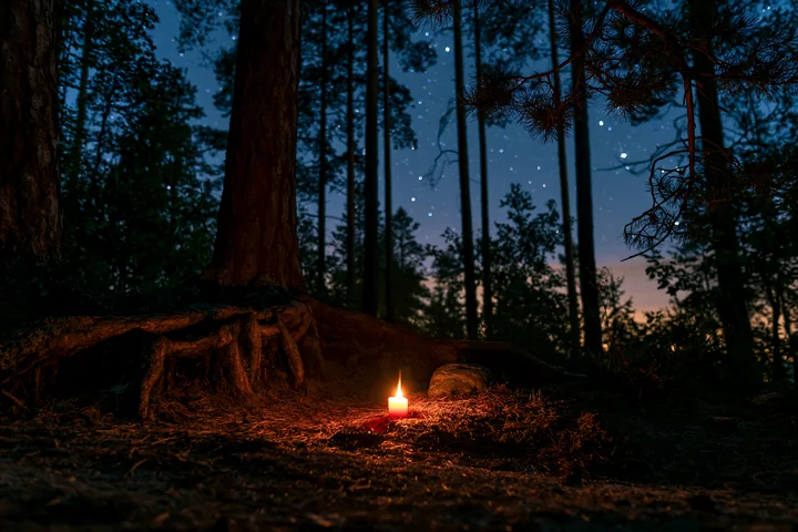 A candle beside a soldier's grave under stars shines brightly in a dark forest.