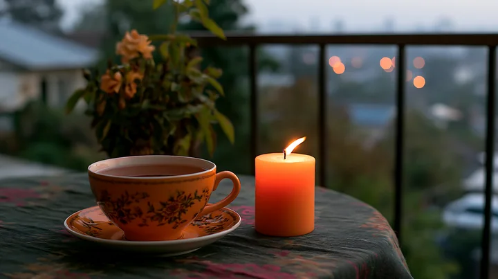 A candle with copy space on right softly illuminates a cup of tea on a table.