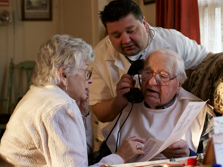A caregiver helping a confused senior make a phone call in a warm living room.