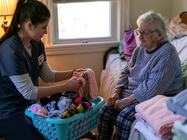 A caregiver is folding laundry while explaining a daily routine to a dementia patient in a cozy bedroom.