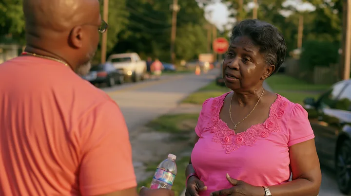 A caregiver speaks with a person with Parkinson's disease on a residential street during the day.