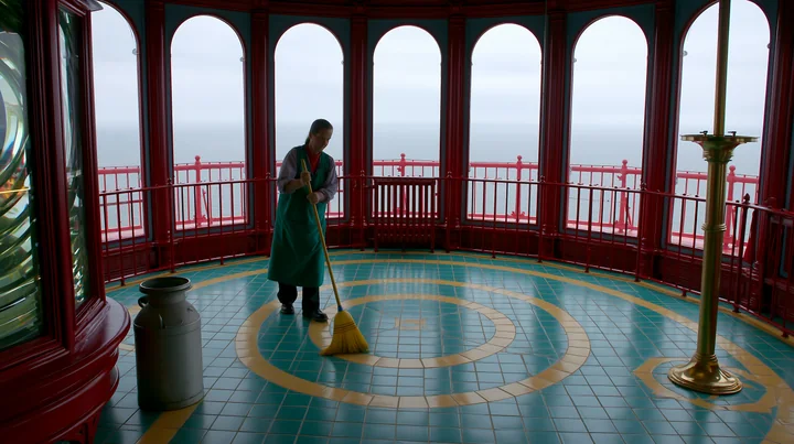 A caretaker sweeps the tiled floor inside a lighthouse museum while large windows allow views of the ocean.