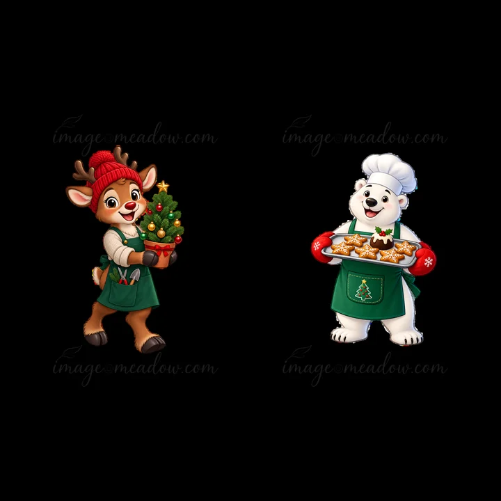 A cartoon reindeer in an apron carries a small Christmas tree, smiling. Beside it, a bear in a chef hat holds a tray of cookies, ready to celebrate the holidays