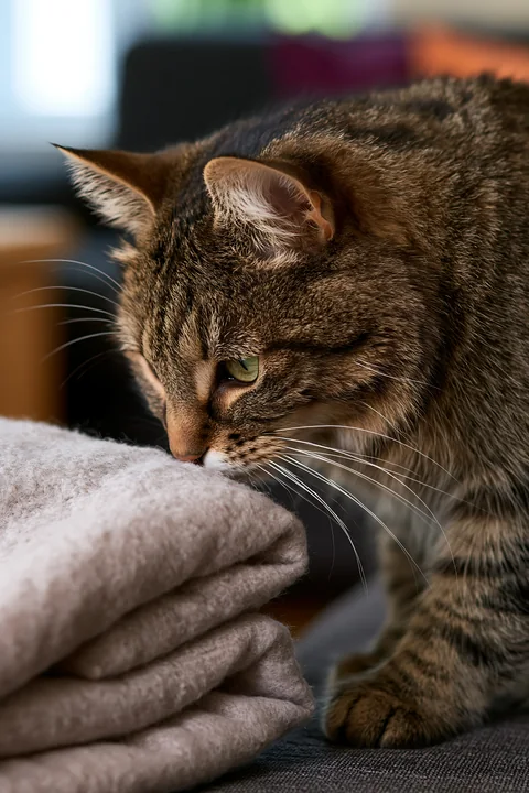 A cat is sniffing a soft blanket while sitting on a couch in a cozy living space.