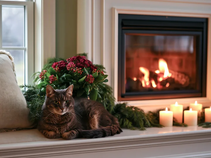 A cat rests on the ledge next to an open fireplace in a Christmas living room.