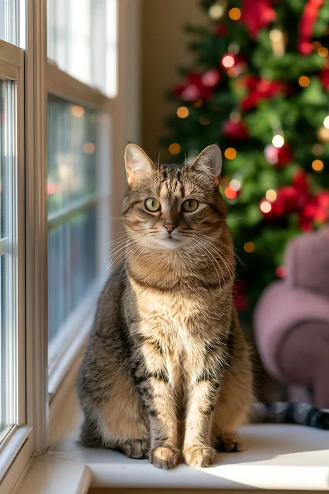 A cat sits by the window in a Christmas living room filled with morning sunlight.