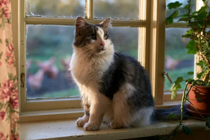 A cat sitting on a country house windowsill looks outside at the greenery while soft sunlight shines through the glass.