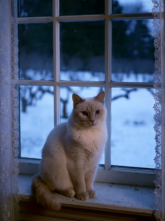 A cat sitting on a windowsill in a country house looks outside at snow-covered trees.