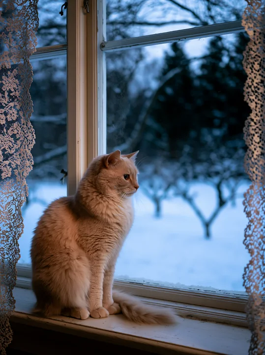 A cat sitting on a windowsill of a country house looks outside at the snowy landscape.