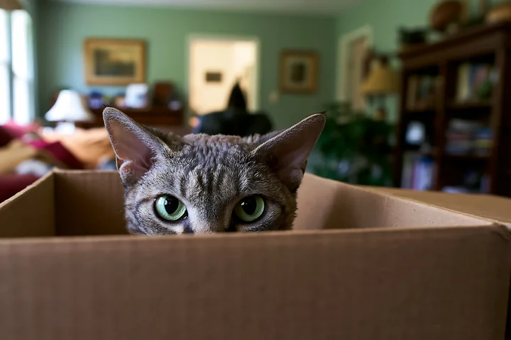A cat with green eyes looks out from a cardboard box in a living room with soft furnishings.