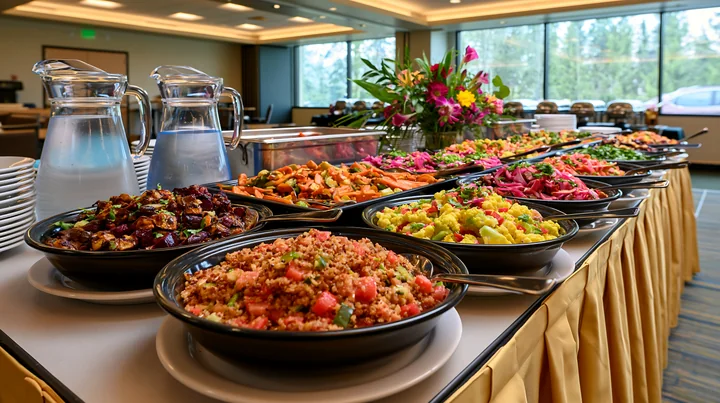 A catering buffet setup displays a range of colorful dishes including salads, sides, and main courses in a well-lit dining area.