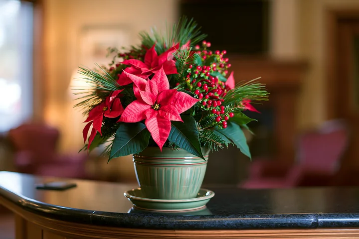 A ceramic pot holds a Christmas plant arrangement with red poinsettias and green foliage, placed on a counter in a cozy indoor setting.