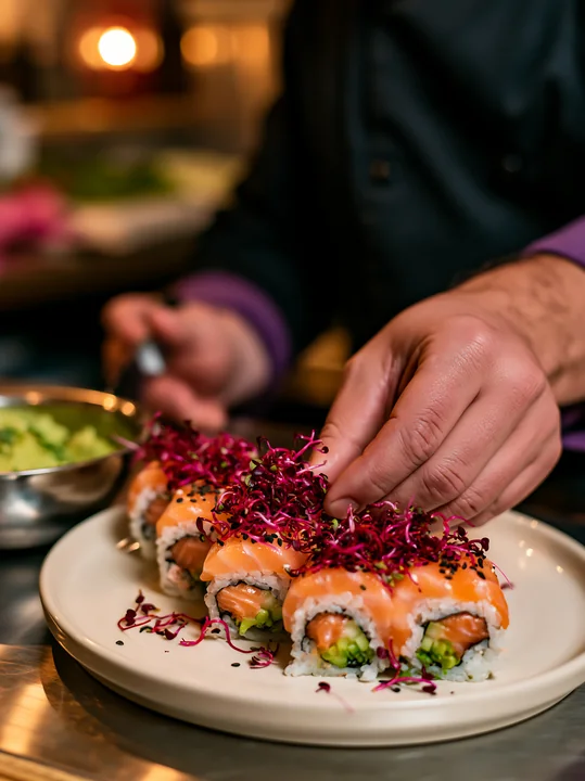 A chef adds microgreens on top of sushi rolls in a restaurant kitchen.