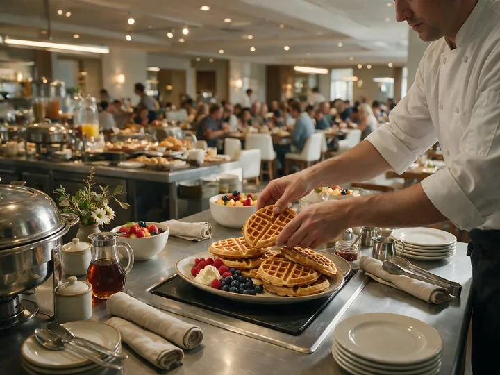A chef arranges waffles on a large platter at a waffle buffet station during breakfast service in a bustling restaurant.
