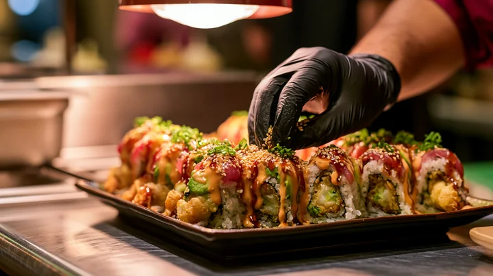 A chef in a black glove carefully adds garnish to a freshly prepared dragon roll close-up.