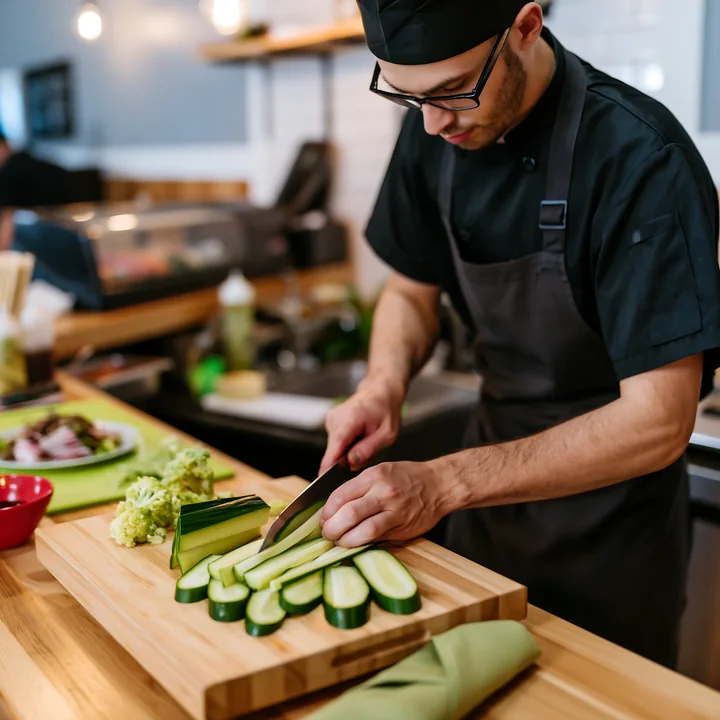 A chef is slicing cucumbers on a wooden cutting board in a restaurant kitchen.
