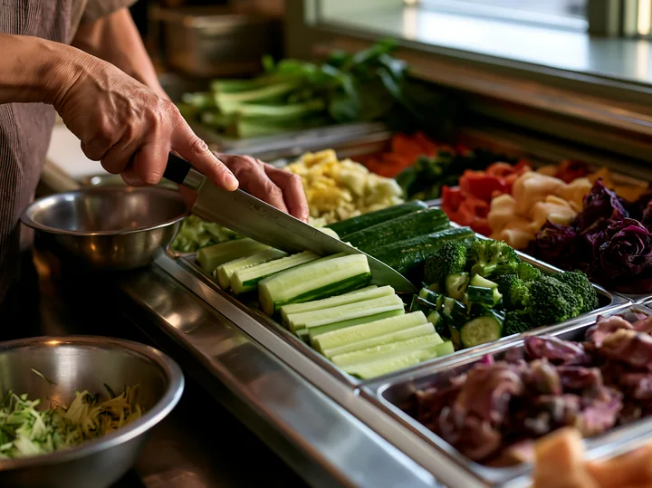 A chef prepares ingredients by cutting cucumber and other vegetables for sushi rolls in a bright restaurant kitchen with colorful produce.