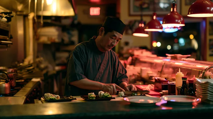 A chef prepares sushi at a restaurant kitchen under warm lighting.