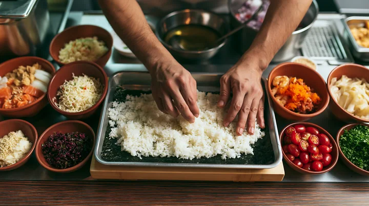 A chef prepares sushi at restaurant counter surrounded by fresh ingredients.