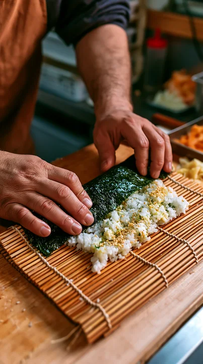 A chef prepares sushi wrapped in nori seaweed using fresh ingredients on a bamboo mat.
