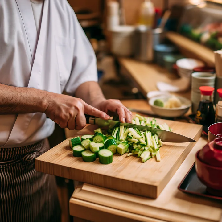 A chef preparing sushi at restaurant counter slices cucumbers on a wooden cutting board.